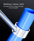 Close-up of Heavy Duty High Carbon Steel PVC Pipe Bender welding with strong, dense blue PVC tubing and silver clamp.
