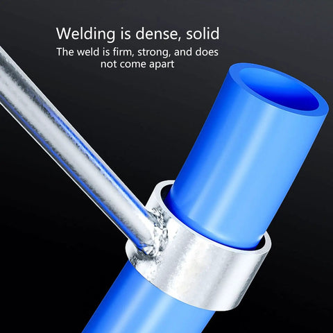 Close-up of Heavy Duty High Carbon Steel PVC Pipe Bender welding with strong, dense blue PVC tubing and silver clamp.