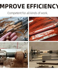 6 in 1 Mini Lathe for DIY Wood and Stone Carving Bead Grinding Drilling and Engraving in action with wood shavings.