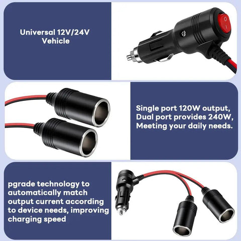 Hella Tough Universal Car Cigarette Lighter Splitter, 12V To 24V Dual Port Power Adapter with toggle switch for devices.