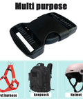 One Point Five Inch Quick Side Release Buckles Eight Pack Go To Heavy Duty Plastic Buckles For Backpacks Luggage Dog Harness Nylon Webbing And Straps Easy Snap Fasteners In Black, showing a single buckle close-up with examples of use.