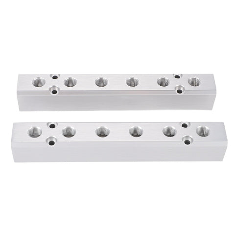 Six Way Eight Port Aluminum Air Manifold Distribution Block With One Quarter Inch NPT Output And One Half Inch NPT Supply Port