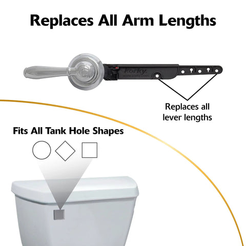 Strongarm Universal Toilet Tank Lever In Chrome For Front Angled Side; diagram showing lever and toilet tank compatibility.