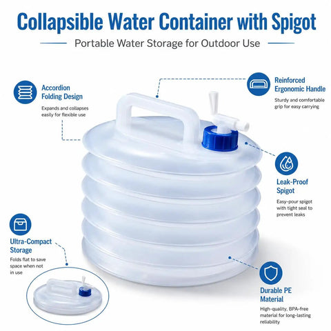 Grab And Go Collapsible Water Container With Spigot For Travel And Camping, 4 Gallon Portable Water Storage Carrier with features labeled