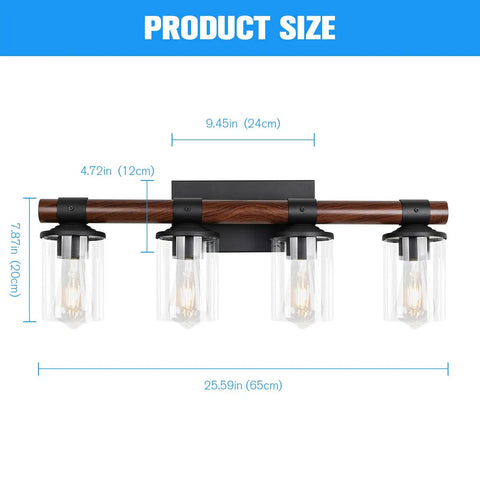 4 Light Farmhouse Vanity Light Fixture With Antique Wood Style Pole And Clear Glass Shades For Over Mirror, Wall Lighting For Bathroom, Bedroom Or Hallway, Rustic Warm Glow, Classic Yet Modern Totally Cozy Vibe showing dimensions