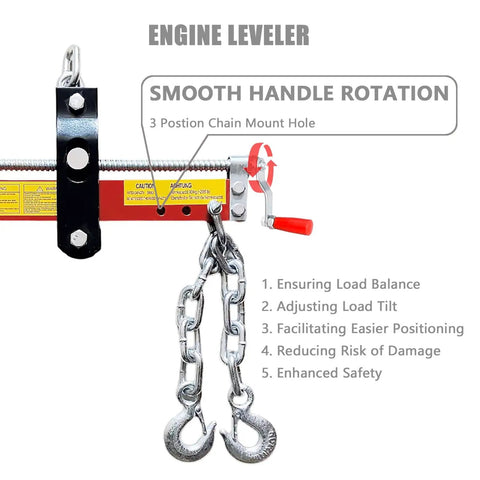 Heavy Duty Two Ton Folding Engine Hoist With Six Swivel Caster Wheels And Precision Leveler, showing engine leveler with chain hooks.