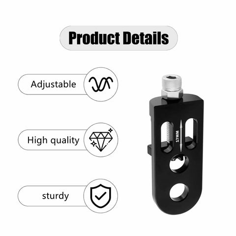 Chain Tensioner Adjuster For Single Speed Bikes Fixie And BMX With Dope Aluminum Alloy Build shown with adjustable, high quality, and sturdy labels.