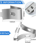 Close-up of adjustable metal shelf clips showing dimensions and design, part of 8 Pcs 40 Inch Shelf Pilaster Tracks And 24 Pcs Adjustable Metal Shelf Clips For Mortise Mount Pilaster Strips Ideal For Bookcases Cabinets And Closets Heavy Duty Durable Stainless Steel Easy Install Strong Shelving System