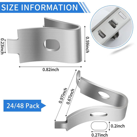 Close-up of adjustable metal shelf clips showing dimensions and design, part of 8 Pcs 40 Inch Shelf Pilaster Tracks And 24 Pcs Adjustable Metal Shelf Clips For Mortise Mount Pilaster Strips Ideal For Bookcases Cabinets And Closets Heavy Duty Durable Stainless Steel Easy Install Strong Shelving System
