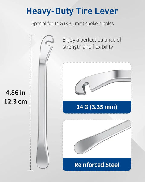 Reinforced steel tire lever at 4.86 inches for 14G spoke nipples, part of All In One Bike Spoke Wrench Kit For Pros And Weekend Riders