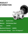 TAISHER needle valve, 304 stainless steel, 3-way with 1/8 NPT female ports