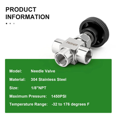 TAISHER needle valve, 304 stainless steel, 3-way with 1/8 NPT female ports