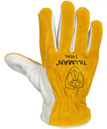 1464 Top Grain Cowhide Split Driver Gloves Large With Kevlar Stitching, showing yellow back with logo, wing thumb design