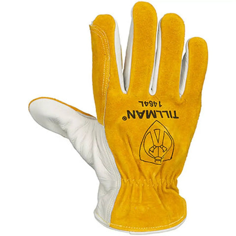 1464 Top Grain Cowhide Split Driver Gloves Large With Kevlar Stitching, showing yellow back with logo, wing thumb design