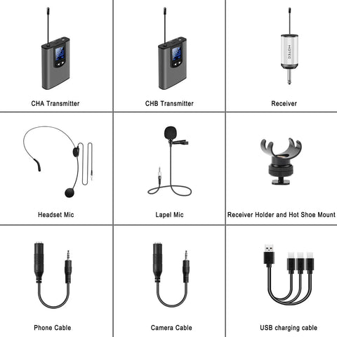 Wireless System With Dual Headset And Lavalier Mics, Bodypack Transmitters, Mini Receiver, cables, and accessories layout