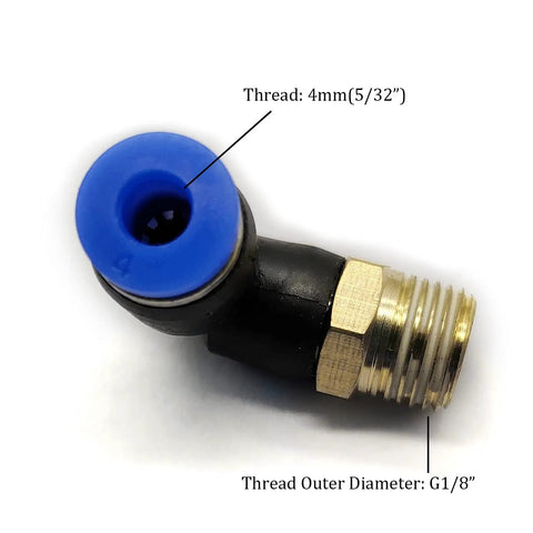 Push To Connect 90 Degree Elbow Fitting For 4Mm Tube OD To G1-8 Thread, black plastic with brass thread detail