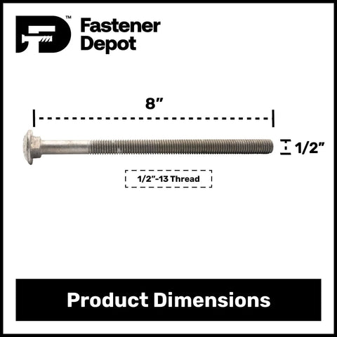 Half Inch Carriage Bolt Kit, 8 Inch Long, 25 Pack, Grade 307A, Hot Dip Galvanized For Exterior Use, Heavy Duty Coarse Thread