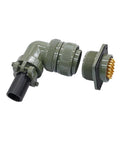 MS3102A MIL-C circular connector, olive-drab, side view with plug and socket, 28 gold pins, panel-mount flange.
