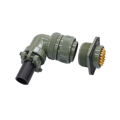 MS3102A MIL-C circular connector, olive-drab, side view with plug and socket, 28 gold pins, panel-mount flange.