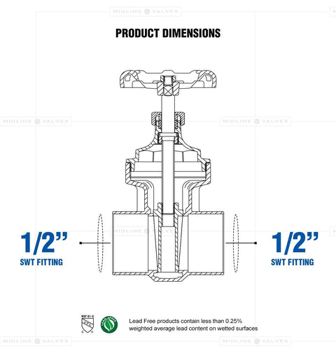 Heavy Duty 1/2 Inch Gate Valve With Sweat Connection In Cast Brass Lead Free Dezincification Resistant Corrosion Resistant Diagram