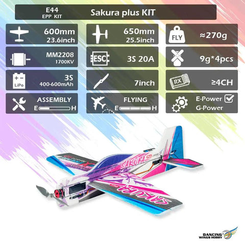 Dope Foam RC Plane Kit With 23 Inch Wingspan Sakura Plus EPP Airplane showing specifications and parts layout