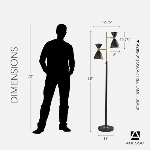 Dimensions of 86 Inch Tall Tree Floor Lamp With Dual Adjustable Lights in Black and Antique Brass next to human silhouette