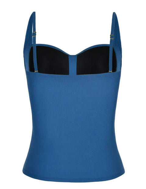 Push Up Tankini Top For Women Ruched Tummy Control Swim Top In Blue Size US 12, back view showing adjustable straps