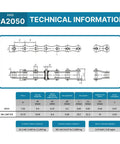 Buy This 10 Foot ANSI #A2050 Single Strand Roller Chain For Industrial Power Transmission technical specifications chart.