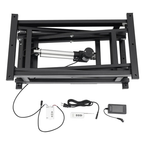 Heavy Duty Electric Scissor Lift Table Rises Smooth With Hydraulic Pump For Factory Work And Warehouse Lifting Up To 140 Pounds Of Steel Goods Or Equipment Effortlessly Today, showing hydraulic mechanism and remote control.