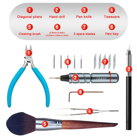 Premium Model Building Tool Kit For Gundam And Plastic Models, includes pliers, drill, pen knife, and brush for detailing