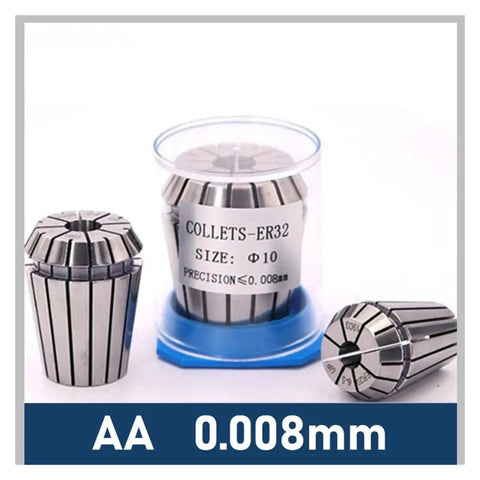 Heavy Duty Spring Collet Set For Engraving And Milling Machines Including ER25 Chuck With High Precision Runout Tolerance Of 0.015mm Made From Heat treated Alloy Steel That Keeps Your CNC Lathe Tool Clamping Tight And Reliable For Hardcore Shop Work Today with three ER32 collets in a container showing precision 0.008mm.