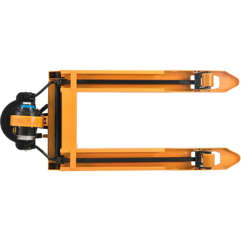 Premium Global Industrial Self-Propelled Electric Pallet Jack Truck Featuring Dual 60Ah Batteries for heavy-duty warehouse handling, top view.