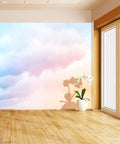 Rainbow Clouds Wall Mural With Blue And Gold Background Peel And Stick Self Adhesive Wallpaper Large Vinyl Wall Sticker For Home Decor Removable And Easy Install In 100 By 144 Inches Split Into Six Panels in a living room