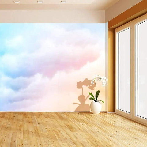 Rainbow Clouds Wall Mural With Blue And Gold Background Peel And Stick Self Adhesive Wallpaper Large Vinyl Wall Sticker For Home Decor Removable And Easy Install In 100 By 144 Inches Split Into Six Panels in a living room
