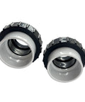 Front view of two white 2-inch PVC hi-temp pool pump unions with metal locking rings.