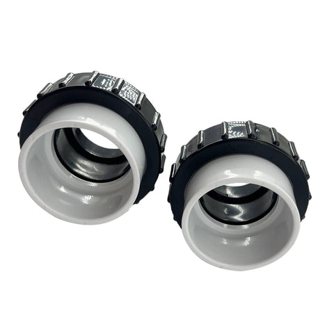 Front view of two white 2-inch PVC hi-temp pool pump unions with metal locking rings.