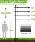 Adjustable 10Ft garden flag pole stand with 5 prong base for 3x5 flags, showing height options and 7 extending poles