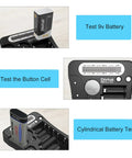 Universal Battery Tester With Crisp LCD Display showing test results for 9V and button cell on a black compact device.