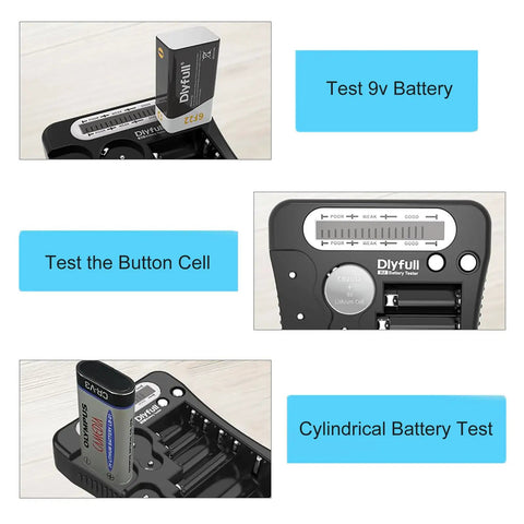 Universal Battery Tester With Crisp LCD Display showing test results for 9V and button cell on a black compact device.