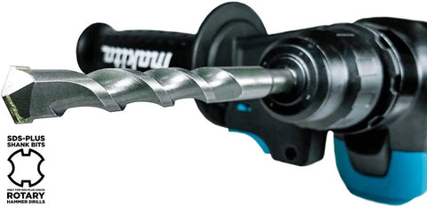 Makita SDS-Plus carbide-tipped drill bit in rotary hammer drill, close-up view