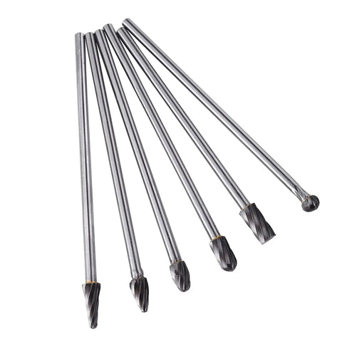 Badass Six Piece Tungsten Carbide Rotary Bit Set, Knuckle Buster Port And Polish Kit For Cylinder Heads, 6Mm Shank aluminum milling burrs in a row.
