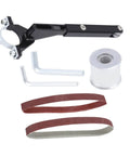 Khbyt Electric Belt Grinder Attachment Transforms Angle Grinder Into Versatile Sanding And Polishing Machine With Angled Adapter includes sanding belts and tools.