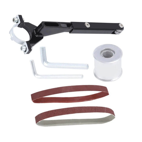Badass Electric Belt Sander Attachment with aluminum mount and sanding belts for angle grinder conversion.