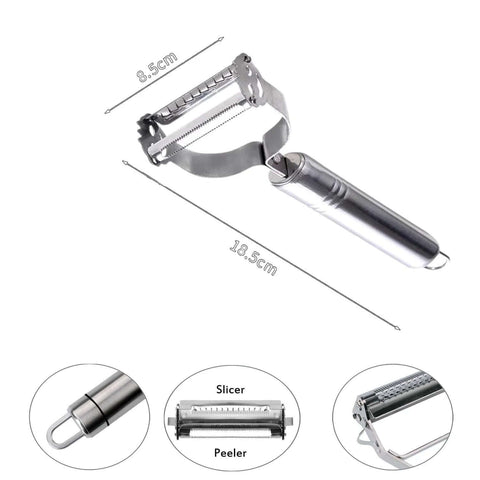 Front view: 2-pack stainless steel vegetable peeler and crinkle cutter set with wave cutter and julienne/straight blades, Amazon