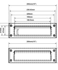 Technical drawing of Solid Brass Mail Slot With Interior Back Plate In Matte Black Built Tough With Heavy Gauge Wrought Brass Spring Tension Design Keeps Flag Closed Overall 10 By 3 Inches Indoor Or Outdoor Ready Includes Mounting Screws 1 Pack Made In Taiwan, showing precise dimensions and specifications.