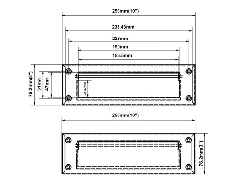 Technical drawing of Solid Brass Mail Slot With Interior Back Plate In Matte Black Built Tough With Heavy Gauge Wrought Brass Spring Tension Design Keeps Flag Closed Overall 10 By 3 Inches Indoor Or Outdoor Ready Includes Mounting Screws 1 Pack Made In Taiwan, showing precise dimensions and specifications.
