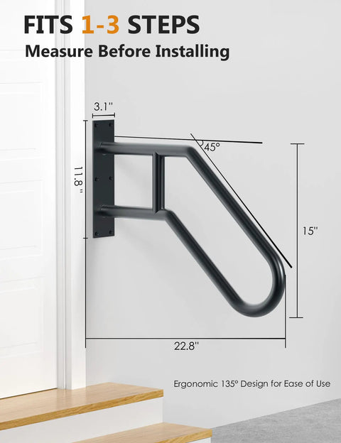 Durable Wrought Iron Wall Mounted Handrail For 1-3 Indoor Steps with measurements and ergonomic design.