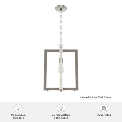Woodburn One Light Pendant Light In Brushed Nickel Dimmable Modern Rectangle Fixture with chain, shown with no bulb