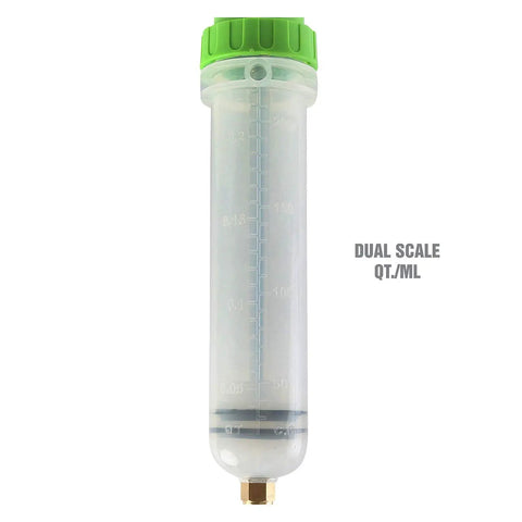 Compact 200cc Fluid Extractor And Filler Pump with dual scale cylinder and green cap for brake fluid and oil jobs.