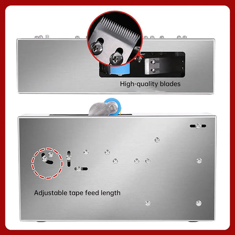 Heavy Duty Stainless Steel Desktop Carton Sealer With Smooth Adhesion Wheels No Power Needed Manual Tape Cutter, showing blades and tape feed adjustment.